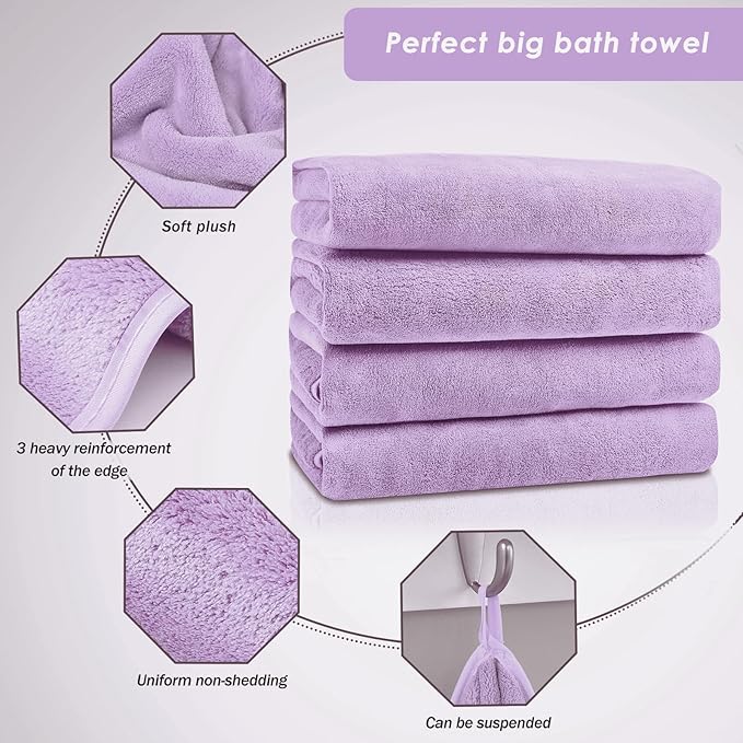 GraceAier Microfiber Bath Towels 4 Pack, 28x56 Inch Coral Velvet Quick Dry Towel Set, Highly Absorbent, Ultra Soft & Lint-Free for Bathroom, Gym, Travel and Swim-Purple