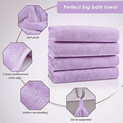 GraceAier Microfiber Bath Towels 4 Pack, 28x56 Inch Coral Velvet Quick Dry Towel Set, Highly Absorbent, Ultra Soft & Lint-Free for Bathroom, Gym, Travel and Swim-Purple
