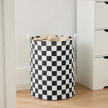 Black White Checkered Laundry Basket, Collapsible Aesthetic Cute Canvas Organizer Hamper Basket for Storage, Toy Bins, Bedroom Clothes, Children Nursery, Gift Basket