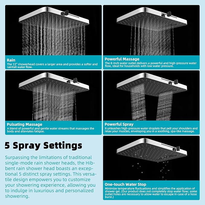Hibbent Rain Filtered Shower Head, 13'' High Pressure Rainfall 5 Modes Showerhead with 16" Shower Head Extension Arm, Solid Brass Adjustable Shower Arm Extender, 20 Stage Shower Filter, Chrome
