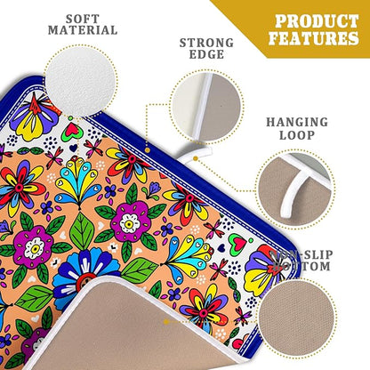 Mexican Talavera Dish Drying Mat Navy Blue Microfiber Dish Drain Pad for Kitchen Decor
