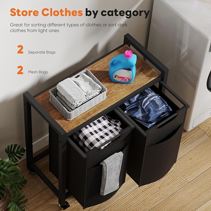 Laundry Sorter 2 Section, 2 × 13.1Gal (99L) Rolling Laundry Basket with Pull-Out Removable Bags & Movable Wheels,Clothes Separator Hamper Cart for Laundry Room, Bathroom and Bedroom Organizer