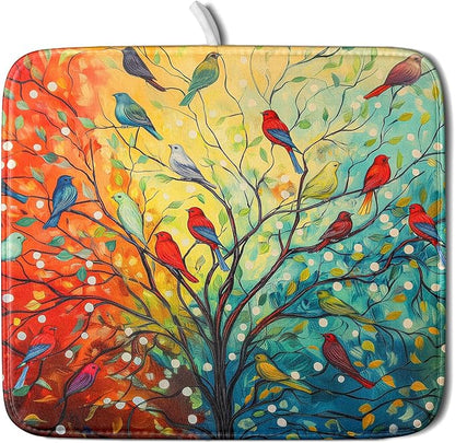 Colorful Spring Tree Bird Dish Drying Mats for Kitchen Counter 16”x18” Absorbent Reversible Microfiber Spring Floral Dish Drying Pad Seasonal Flowers Mat Dish Draining Mat for Countertop Table Decor