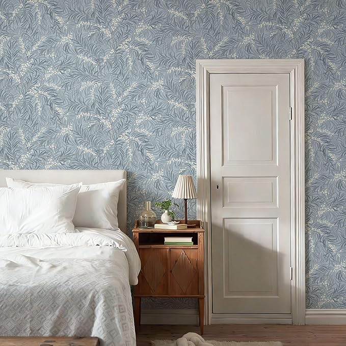 Ismoon Vintage Wallpaper Peel and Stick Dusty Blue Botanical Wallpaper 17.3in x6.56ft Leaf Removable Waterproof Blue/White Contact Paper for Bedroom Kitchen Renter Friendly Wall Decor Vinyl