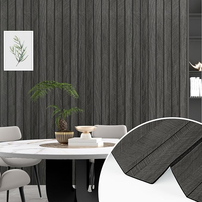 Wallercity 3D Gray/Black Wood Panels for Walls Self Adhesive Wood Slat Wall Paneling for Bedroom Bathroom Thick Peel and Stick Flexible Wooden Wall Panel for Living Room Kids Room Ceiling 11.7''x118''