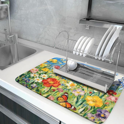 Floral Dish Drying Mat for Kitchen Counter 18x24 Spring Summer Theme Colorful Flower Butterfly Seasonal Absorbent Reversible Microfiber Drying Mats Kitchen Countertop Protector Dishes Drainer Pad