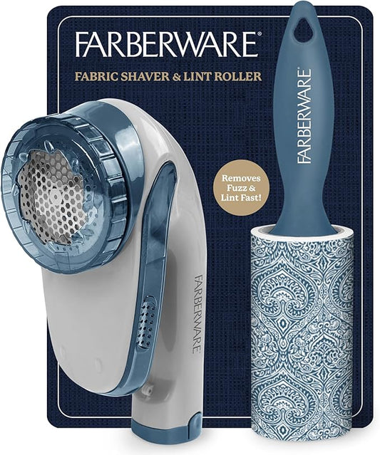 Farberware Fabric Shaver & Lint Remover Set–Battery Operated Sweater Shaver with Triple Blades and Extra Sticky Roller for Pet Hair, Fuzz & Pilling on Clothes, Upholstery & Bedding (Gray/Blue, Large)