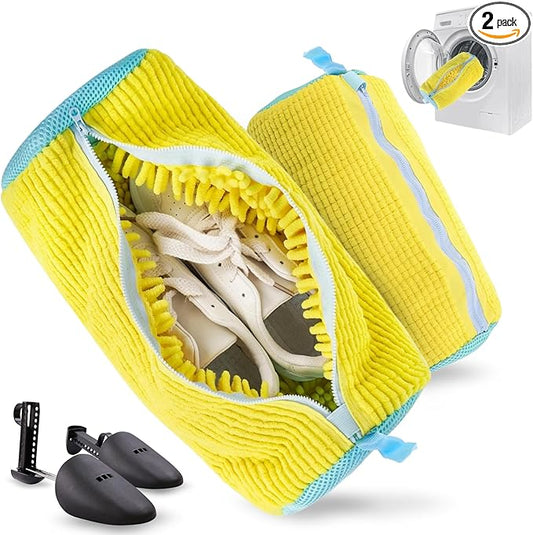 Shoe Washing Machine Bag for Washer & Dryer - 2 Pack Laundry Shoe Bag for Washing Machine - Sneaker Washing Machine Bag with Zipper - Reusable Shoe Laundry Bag for Tennis Shoes & Trainers - Yellow