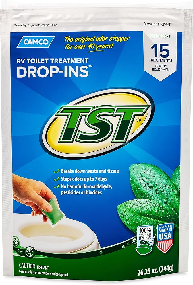 Camco TST RV Toilet Treatment Drop-INs - Control Unwanted Odors and Break Down Waste and Tissue - Septic Tank Safe - Fresh Scent (40264) 15 Count (Pack of 4)