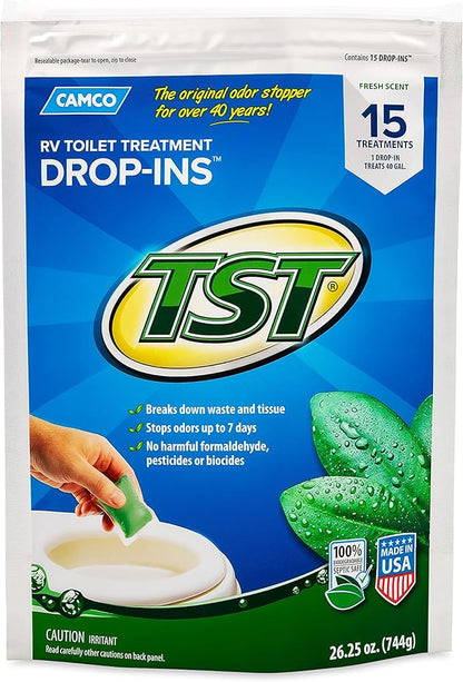 Camco TST RV Toilet Treatment Drop-INs - Control Unwanted Odors and Break Down Waste and Tissue - Septic Tank Safe - Fresh Scent (40264) 15 Count (Pack of 4)