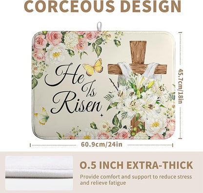 Easter He Is Risen Dish Drying Mats Spring Floral Dish Mat Easter Cross Drying Matt Dishes Dryer Pad for Kitchen Counter Absorbent Microfiber Washable Foldable Reusable 18x24 in