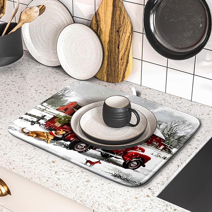 Christmas Red Truck Dish Drying Mat for Kitchen Counter 16x18 Inch Xmas Tree Snowman Dog Winter Print Absorbent Reversible Microfiber Drying Mats Kitchen Countertop Protector Dishes Drainer Rack Pad