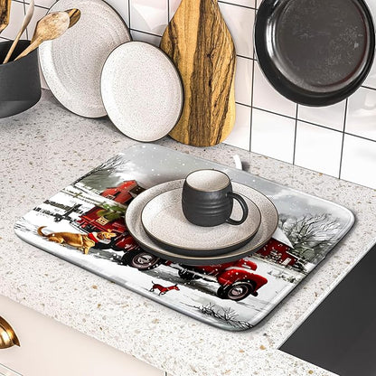Christmas Red Truck Dish Drying Mat for Kitchen Counter 16x18 Inch Xmas Tree Snowman Dog Winter Print Absorbent Reversible Microfiber Drying Mats Kitchen Countertop Protector Dishes Drainer Rack Pad