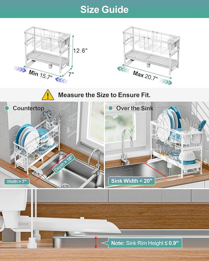 GSlife Narrow Dish Drying Rack - Expandable Small Dish Rack for Kitchen Counter, 2 Tier Adjustable Capacity (15.7''-20.7''L) Dish Drainer Rack with Removable Cutlery Holder, White