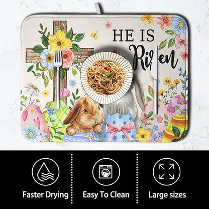 He is Risen Easter Dish Drying Mat for Kitchen Counter Bunny Floral Cross Dish Drainer Mats Spring Rabbit Flowers Egg Dish Drying Pads Absorbent Microfiber Reusable Dish Rack Mat 16x18 Inch
