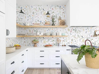 Dimoon 78.7"x16.1" Floral Peel and Stick Wallpaper White Contact Paper Thicken Wallpaper Delicate Flower Waterproof Green Leaf White Self Adhesive Removable Wall Paper Shelf Liner Decal Vinyl Roll
