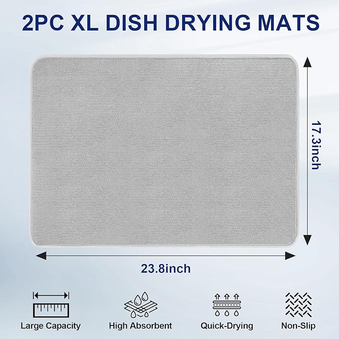Large Dish Drying Mat 2 Pack, 23.8" x 17.3" Microfiber Ultra Absorbent Quick-Dry Dish Drying Mats for Kitchen Counter, Dish Rack Mat & Drying Pad for Countertops & Sinks, Machine Washable, Gray