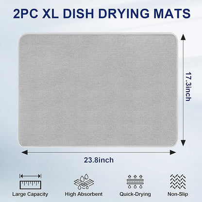 Large Dish Drying Mat 2 Pack, 23.8" x 17.3" Microfiber Ultra Absorbent Quick-Dry Dish Drying Mats for Kitchen Counter, Dish Rack Mat & Drying Pad for Countertops & Sinks, Machine Washable, Gray