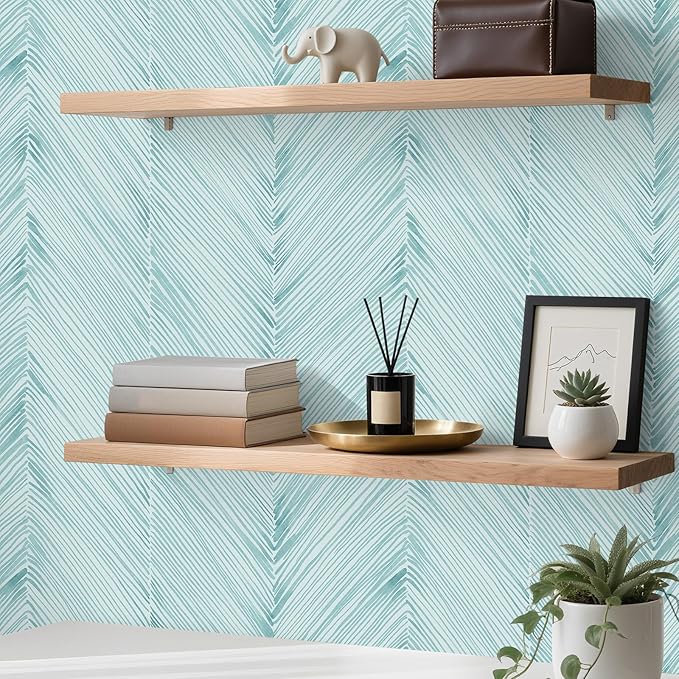 Modern Peel and Stick Wallpaper A Set of 17.3"x200" Teal Green Herringbone Striped Wall Paper Boho Self-Adhesive Removable Contact Paper for Cabinets Bathroom Bedroom Wall Decor