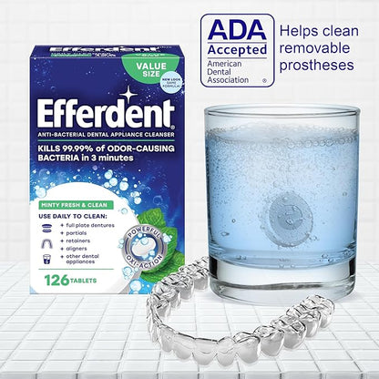 Efferdent Denture Cleaner Tablets – Dental Appliances, Aligners, Mouth Guard, and Retainer Cleaner Tablets, Minty Fresh & Clean, 90 Count