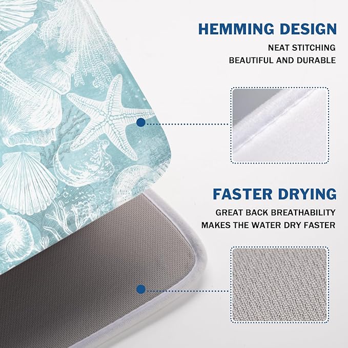Summer Sea Shell Drying Mat 24x18 Inch, Teal Starfish Drying Mat with Absorbent Reversible Microfiber, Coastal Dish Drainer Mats Holiday Ocean Rack Pad for Coffee Countertop Kitchen Protector