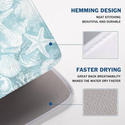 Summer Sea Shell Drying Mat 24x18 Inch, Teal Starfish Drying Mat with Absorbent Reversible Microfiber, Coastal Dish Drainer Mats Holiday Ocean Rack Pad for Coffee Countertop Kitchen Protector