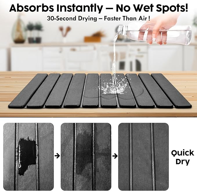 Large Stone Dish Drying Mat for Kitchen Counter, Premium Diatomaceous Earth Coaster Set for Dishes with Free Drainer Rack| Non-Slip Kitchen Sink Mat | Fast-Absorbing, Eco-Friendly, 24"×16", Dark Grey