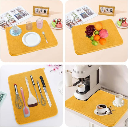 2 Pack Microfiber Dish Drying Mat, 24*18 Inch Absorbent Dish Drainer Mat for Kitchen Counter, Reversible Dish Drying Pad for Countertops, Sinks, Draining Racks (Yellow)