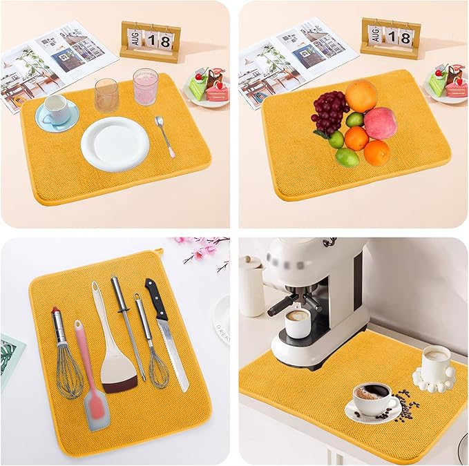 2 Pack Dish Drying Mat, Absorbent Microfiber Dishes Drainer Mats for Kitchen Counter, Small Size, 16 x 12 Inch, Reusable Dish Drying Pad with Hanging Loop (Yellow)