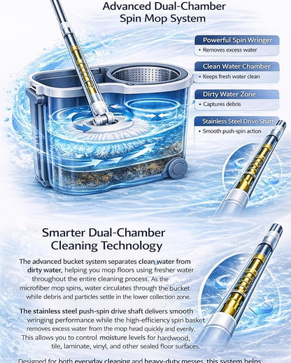 Spin Mop and Bucket System with Wringer, Microfiber Spin Mop and Bucket Set, Stainless Steel Handle, Rolling Mop Bucket with Drain Plug, Includes 3 Mop Heads for Hardwood Tile Floors