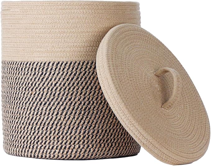 Yimi's Dream Cotton Rope Basket with Lid – Soft Storage Bin for Home Organization, Brown & Brown‑Black Pattern, Sturdy, Lightweight & Stylish, 11.5″ Round x 13.5″ High