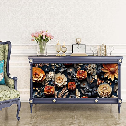 FunStick 17.5"x354" Vintage Dark Blue Floral Contact Paper for Walls Orange Deep Blue Floral Peel and Stick Wallpaper for Bedroom Bathroom Ceiling Waterproof Beige Daisy Roses Flower Wall Paper Mural