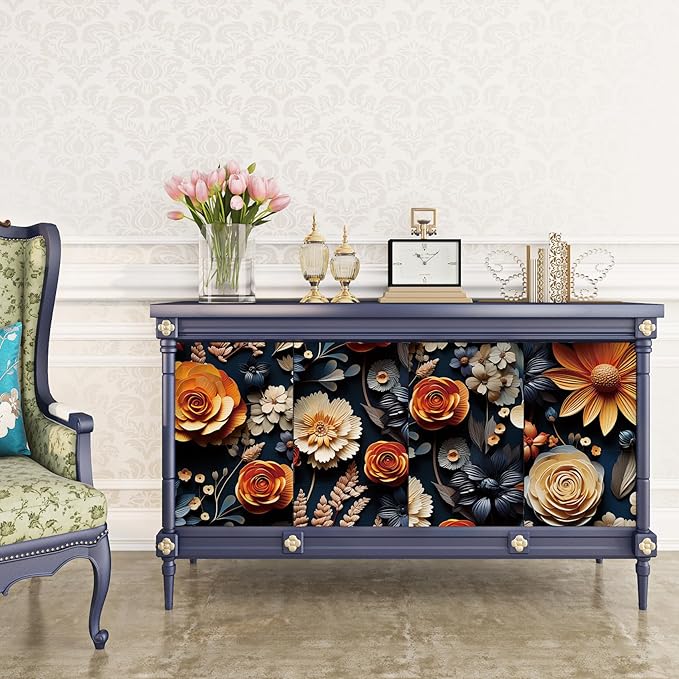 FunStick 17.5"x590" Navy Blue Floral Peel and Stick Wallpaper Vinyl Floral Wall Art Elegant Wallpaper Renter Friendly Faux 3D Embossed Flower Beige Orange Blue Contact Paper Self Adhesive Accent Walls