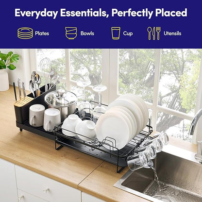 Dish Drying Rack Countertop Expandable Dish Drainer — Up to 26.7" Telescoping Extending Drying Station Organizer with Drainboard & Removable Utensil Holder — Dish, Silverware & Cup Storage, Black