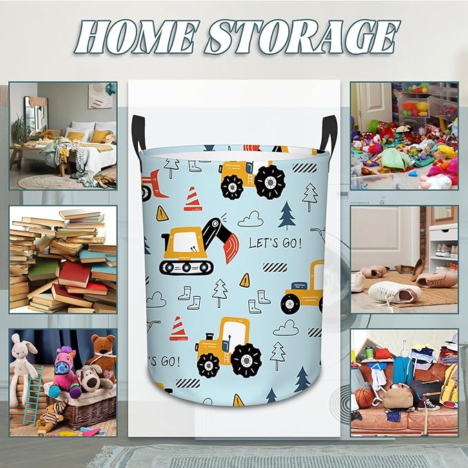 Car Laundry Basket for Boys, Construction Trucks, Construction Transports Theme Bucket, Collapsible Storage Bin with Handles for Toy, Gift for Chritsmas Thanksgiving 13.8x17.7in
