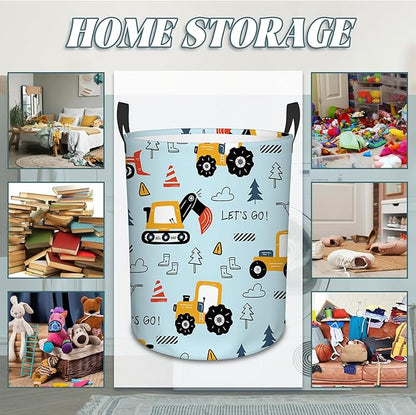 Car Laundry Basket for Boys, Construction Trucks, Construction Transports Theme Bucket, Collapsible Storage Bin with Handles for Toy, Gift for Chritsmas Thanksgiving 13.8x17.7in