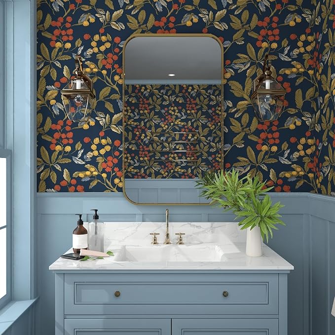 Laatse Navy Blue Floral Wallpaper Peel and Stick, Vintage Contact Paper 17.5" x 118", Dark Leaf Botanical Boho Wall Paper Self Adhesive Waterproof Removable for Room Shelve Cabinet Drawer Table Decor