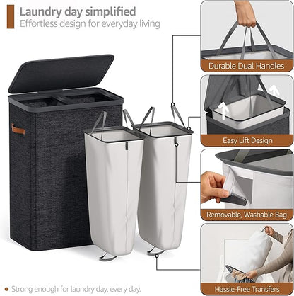 Sorbus Laundry Hamper with Lid - Collapsible 2-Compartment Fabric Laundry Basket with Handles and Removable Laundry Bag – 45 Gallon (170 L) Dirty Clothes Hamper for Bedroom, bathroom and dorm (Black)