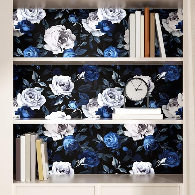 Black Foral Wallpaper Peel and Stick Dark Blue White Rose Contact Paper 17.4" x 393", Self-Adhesive Removable Vintage Flower Wall Paper for Bedroom Countertop Desk Cabinets Decor Renter Friendly