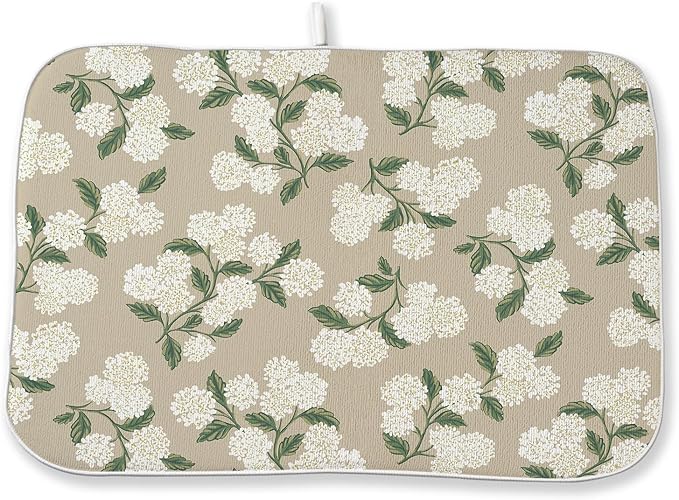Beige Dish Drying Mat 18x24 Inch Khaki Green Vintage Floral Hydrangea Flower Drying Mat Spring Summer Seasonal Absorbent Dish Drying Pad Dish Rack Drainer Mats for Kitchen Dining Counter