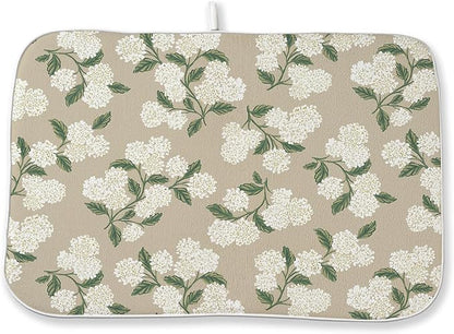 Beige Dish Drying Mat 18x24 Inch Khaki Green Vintage Floral Hydrangea Flower Drying Mat Spring Summer Seasonal Absorbent Dish Drying Pad Dish Rack Drainer Mats for Kitchen Dining Counter