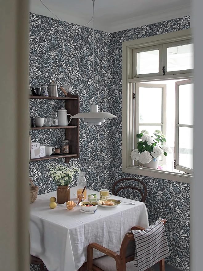 Heroad Blue Peel and Stick Wallpaper Boho Floral Contact Paper 17.3''x78.7'' Dark Blue Wall Paper Removable Self Adhesive Wallpaper for Cabinets Bedroom Bathroom Waterproof Decoration Vinyl Roll