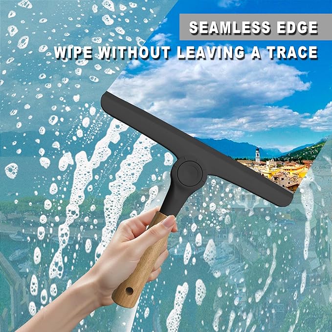 Show Squeegee for Glass Door Bathroom Squeegee with Bamboo Handle Show Wiper for Glass Door Window Tile Wall Car Windshield Mirror (Black)