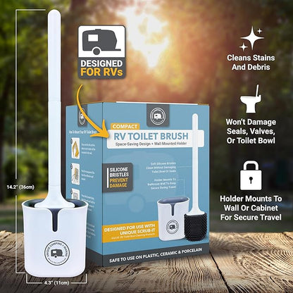 Unique RV Toilet Bowl Brush, Compact, Silicone Bristles, Won't Damage Toilets or Seals, Wall-Mount No-Drip Holder (Pack of 2)