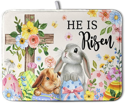 He is Risen Easter Dish Drying Mat for Kitchen Counter Bunny Floral Cross Dish Drainer Mats Spring Rabbit Flowers Egg Dish Drying Pads Absorbent Microfiber Reusable Dish Rack Mat 18x24 Inch