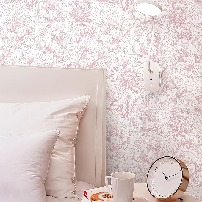 Guvana Floral Peel and Stick Wallpaper Boho Contact Paper Pink and White Wall Paper Modern Removable Wallpaper for Bedroom Bathroom Nursery Mural Wall Self Adhesive Waterproof Vinyl Roll 17.3in×197in