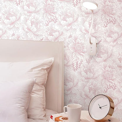 Guvana Floral Peel and Stick Wallpaper Boho Contact Paper Pink and White Wall Paper Modern Removable Wallpaper for Bedroom Bathroom Nursery Mural Wall Self Adhesive Waterproof Vinyl Roll 17.3in×394in