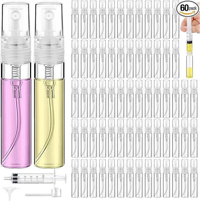 60PCS 5ml Mini Spray Bottle, Portable Clear Plastic Spray Bottle, Empty Fine Mist Refillable Perfume Atomizer, Small Sample Containers for Cleaning, Travel, Essential Oils