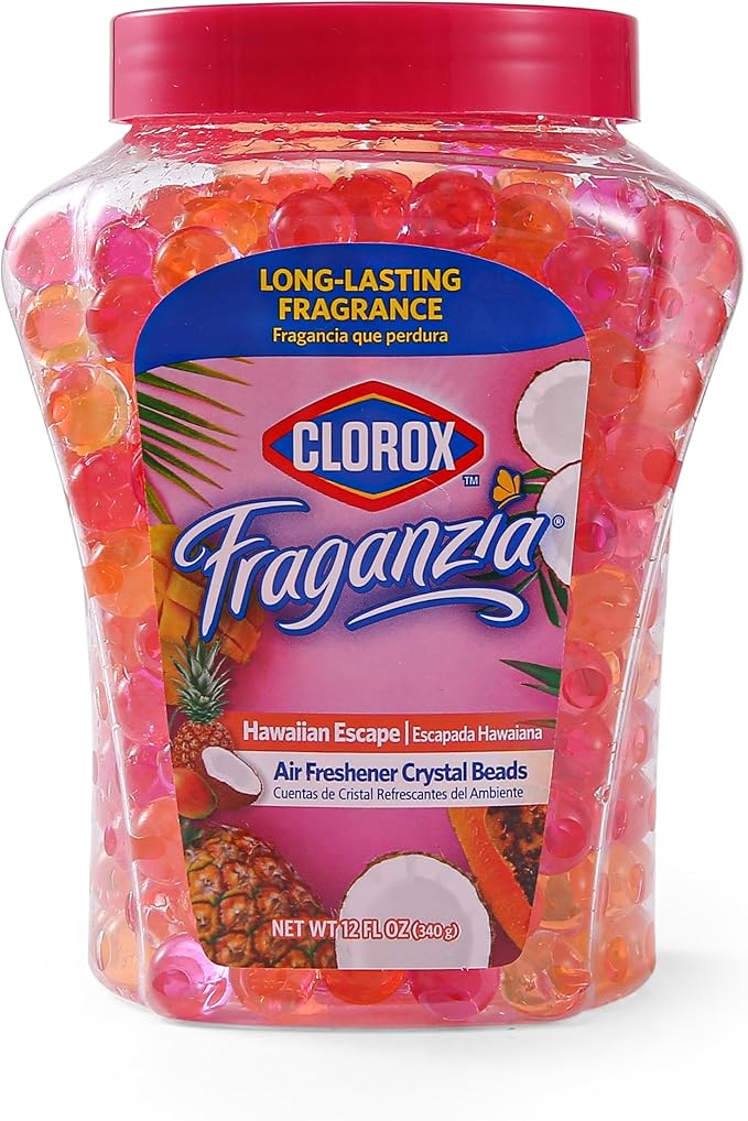 Clorox Fraganzia Crystal Beads Air Freshener, Long Lasting Room Deodorizer and Odor Eliminator Gel Beads to Freshen Home, Car, or Office, Island Escape Scent, 12 Fl Oz