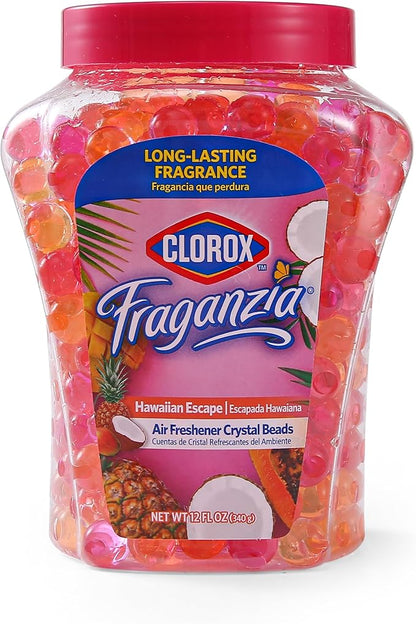 Clorox Fraganzia Crystal Beads Air Freshener, Long Lasting Room Deodorizer and Odor Eliminator Gel Beads to Freshen Home, Car, or Office, Island Escape Scent, 12 Fl Oz